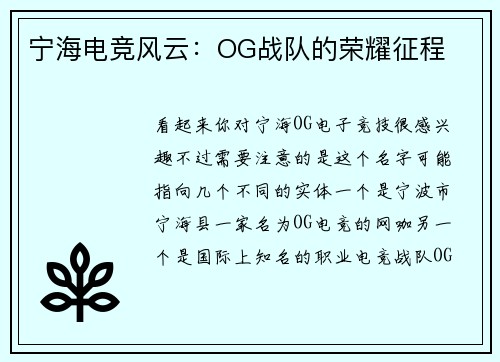 宁海电竞风云：OG战队的荣耀征程